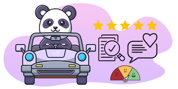 A cute panda driving a car, with review icons like stars, a checklist, a heart, and a feedback meter, suggesting a focus on customer reviews and feedback.