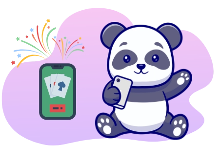 Happy panda enjoying the excitement of mobile casinos, with a smartphone and fireworks.