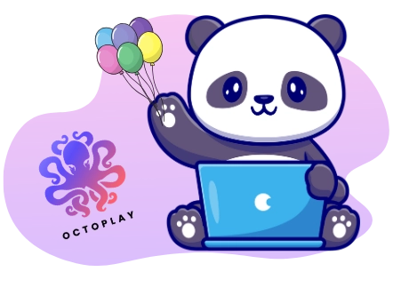 Playful panda representing Octoplay, with balloons and a laptop.