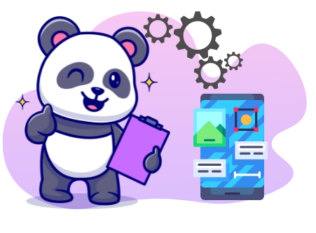 A cute panda giving a thumbs up, holding a clipboard and standing next to a smartphone with app icons, suggesting a focus on app development and design.