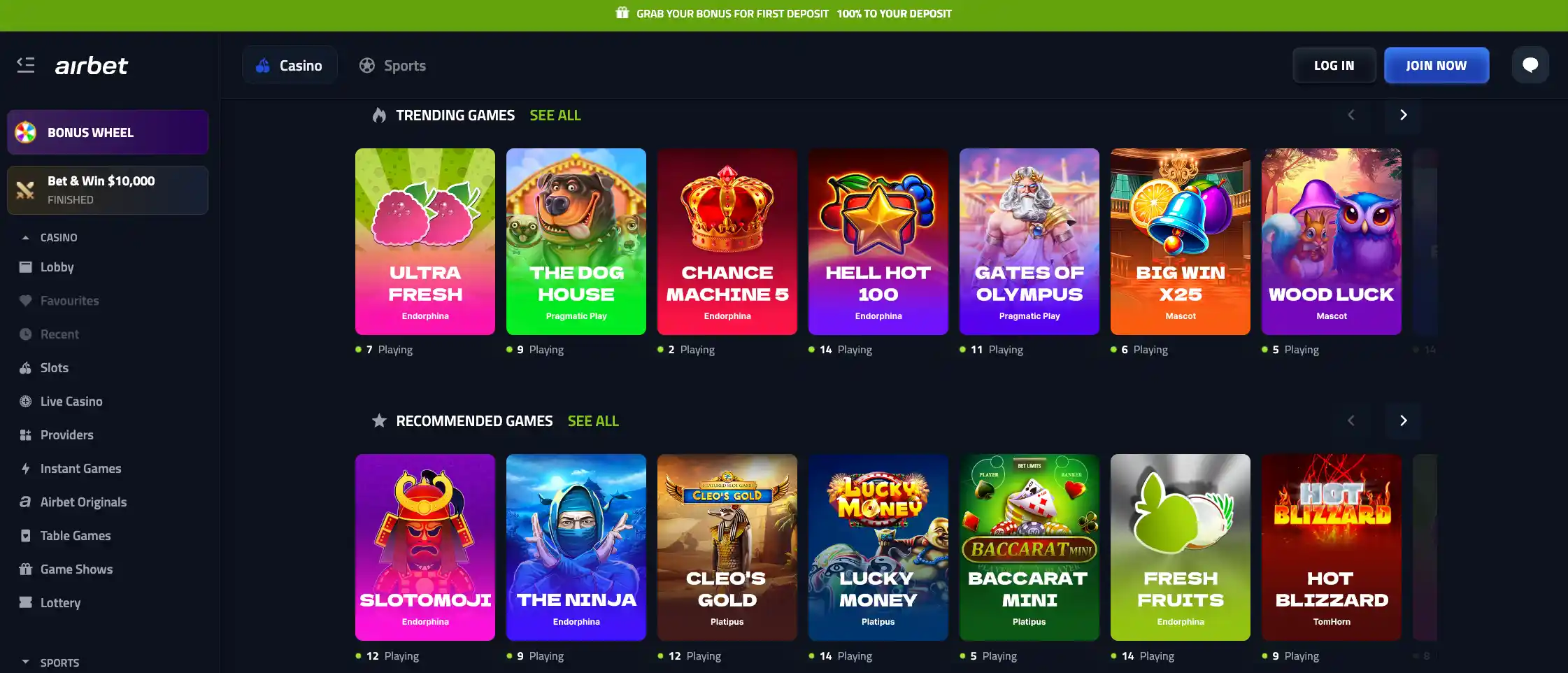 Airbet casino homepage