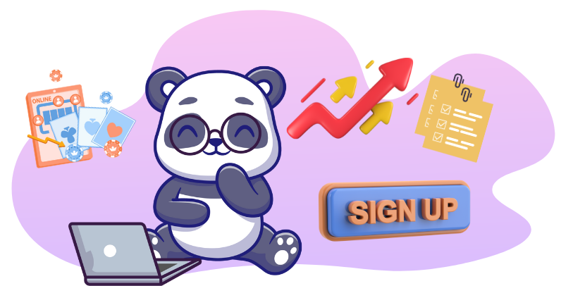 A graphical user interface displaying a "SIGN UP" button, featuring cartoon-style panda.