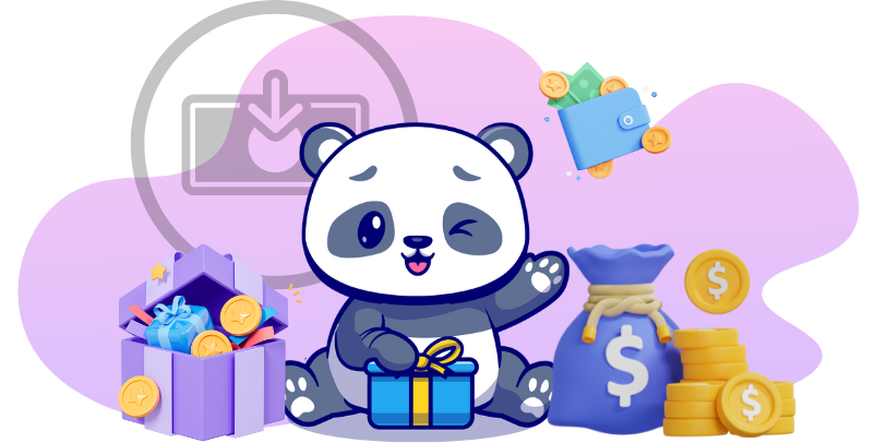 Cartoon panda surrounded by gift boxes, and cash bags.