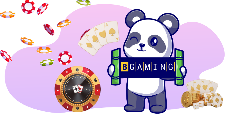 a cartoon panda holding "BGaming" sign, surrounded by cards and chips.