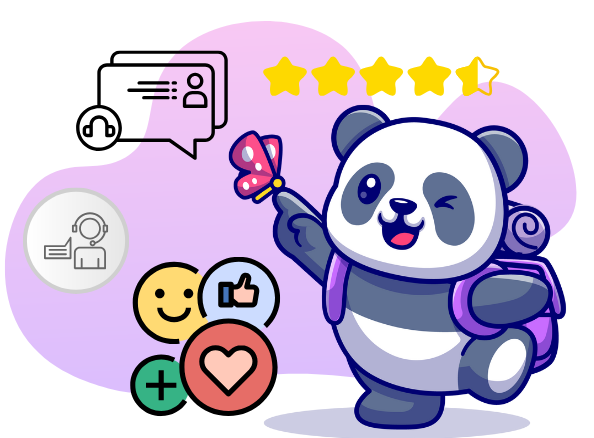 Cartoon panda with backpack holding a butterfly amidst floating social media icons, including smiley face, thumbs up, and heart, against a purple background with a star rating.