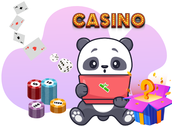 Illustration of a cute panda playing online casino games on a laptop, surrounded by poker chips, playing cards, dice, and a gift box