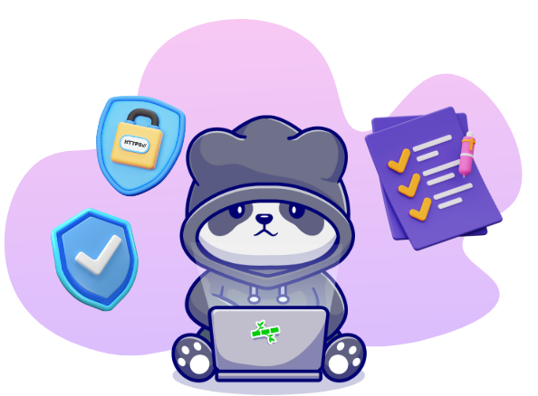 Illustration of a panda in a gray hoodie using a laptop, with security shields and a checklist on a purple background.