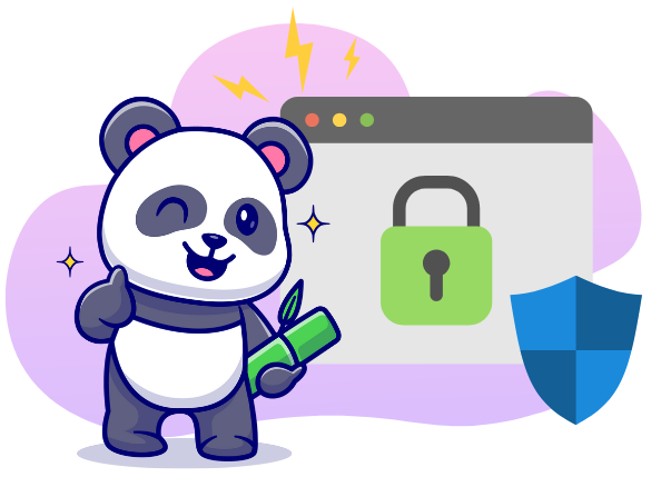 Cute panda holding encryption key next to secure internet browser window with lock symbol, representing online security and privacy protection.