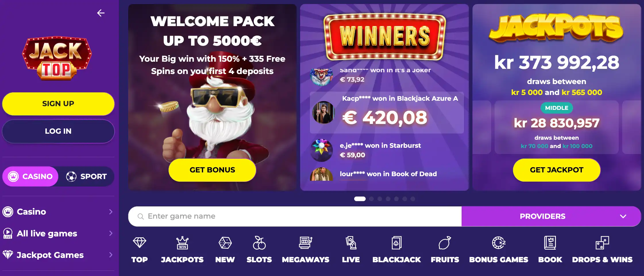 Jacktop casino homepage