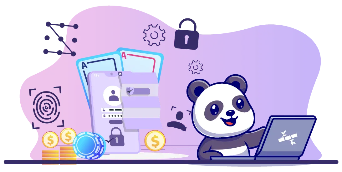 Cartoon panda using a laptop with security amblembs on its background