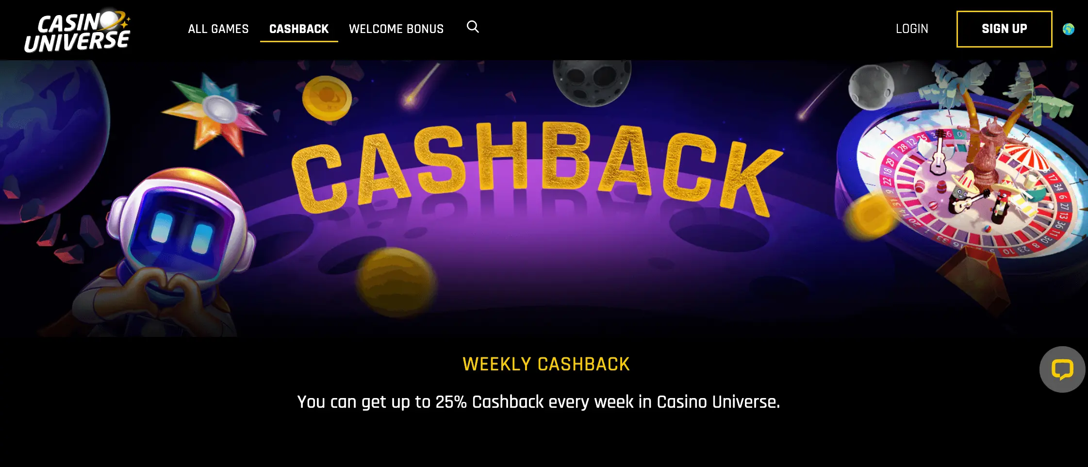 Casino universe cashback bonus page