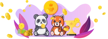 Two pandas sits next to each other, gold coins raining, there is a big trophy and "vip" text on a gold coin.