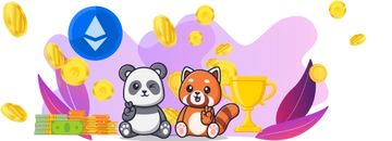 2 pandas sits in front of gold coins and ethereum symbol