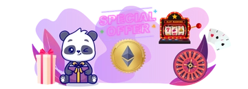 Panda sits with casino materials and ethereum symbol