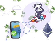 Panda flies on a rocket and paper cash