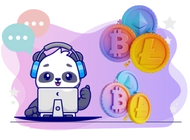 Panda with a headset stands next to cryptocurrency logos