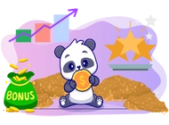 A panda is in a room full of gold piles and it's grabbing a gold coin.