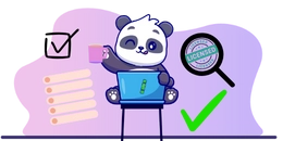 Panda with a magnifiying glass and a coffe cup sits on a chair and using a laptop.