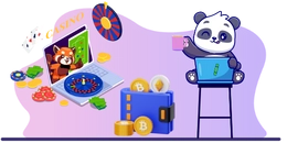 2 pandas talks each other online and there is a giant wallet with cryptocurrencies