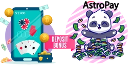 Panda sits on a pile of coins and cash. There is "AstroPay" and "Deposit Bonus" texts.