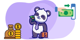 Panda carries a cash bag and bunch of money, standing next to a huge pile of gold coins