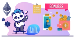 Panda wearing a cap and riding a skateboard stands next to some graphs and "bonus" text