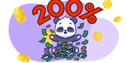 Panda in a coin and cash pile and there is "200" text on it