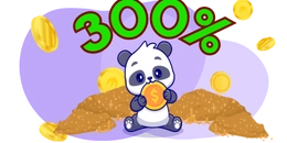 Panda sits in a gold coin pile and there is 300 percentage text on the panda