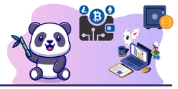 Panda with a bamboo and crypto currency icons.