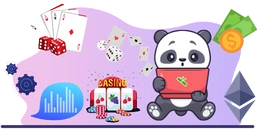 Panda with a laptop, cards, a graph and a slot machine