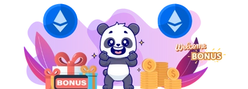 Panda with two ethereum symbols, bunc of gold coins and a big gift box