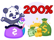 Panda exits from a purple cash bag, there is bunch of gold coins and cash next to it