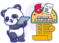 Panda using a tablet stands next to a term and conditions sheet