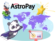 Panda flies around the world with a cape, there is a star, graph and AstroPay logo.