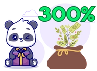 Panda holding a gift box sits next to a cash bag with 300 percent image on it