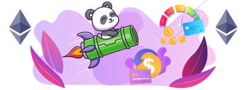 Panda flies on a rocket and there is ethereum symbols