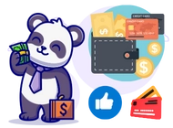 Panda carries a cash bag and there is wallets, credit cards and coins next to it