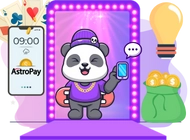 Fancy panda hold a phone with AstroPay payment method on the screen of it.