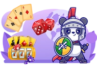 Panda with a helmet and shield stands next to cards, dices and a slot machine