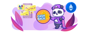 Panda with a skateboard holding a sign with "cashback" text