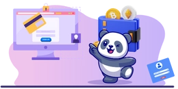 Panda points out a screen with credit card symbol, and there is a gigantic wallet with cryptocurrencies behind the panda.