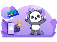 Happy panda with a mobile phone and a credit card next to it