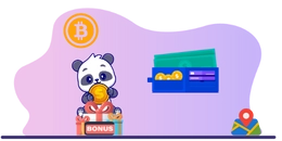 Panda hold a big coin and sits behind a box with "bonus" text.