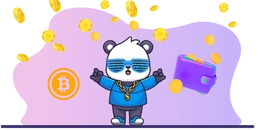 Gold coins rain on a cool panda with glasses and gold chain.