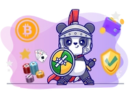 Panda with a shield and helmet stands next to chips and bitcoin logo