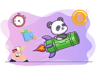 Panda flies on a rocket to a bitcoin symbol