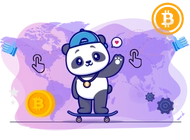 Panda wearing a hat and skates towards a bitcoin