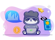 Panda wearing a hoodie looking to some graphs on computer and there is a bitcoin symbol next to it