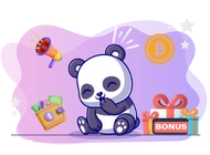 Giggling panda sits next to a gift box and a bitcoin symbol