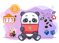 Panda with a slot machine, chips, poker cards, dices and a bitcoin symbol